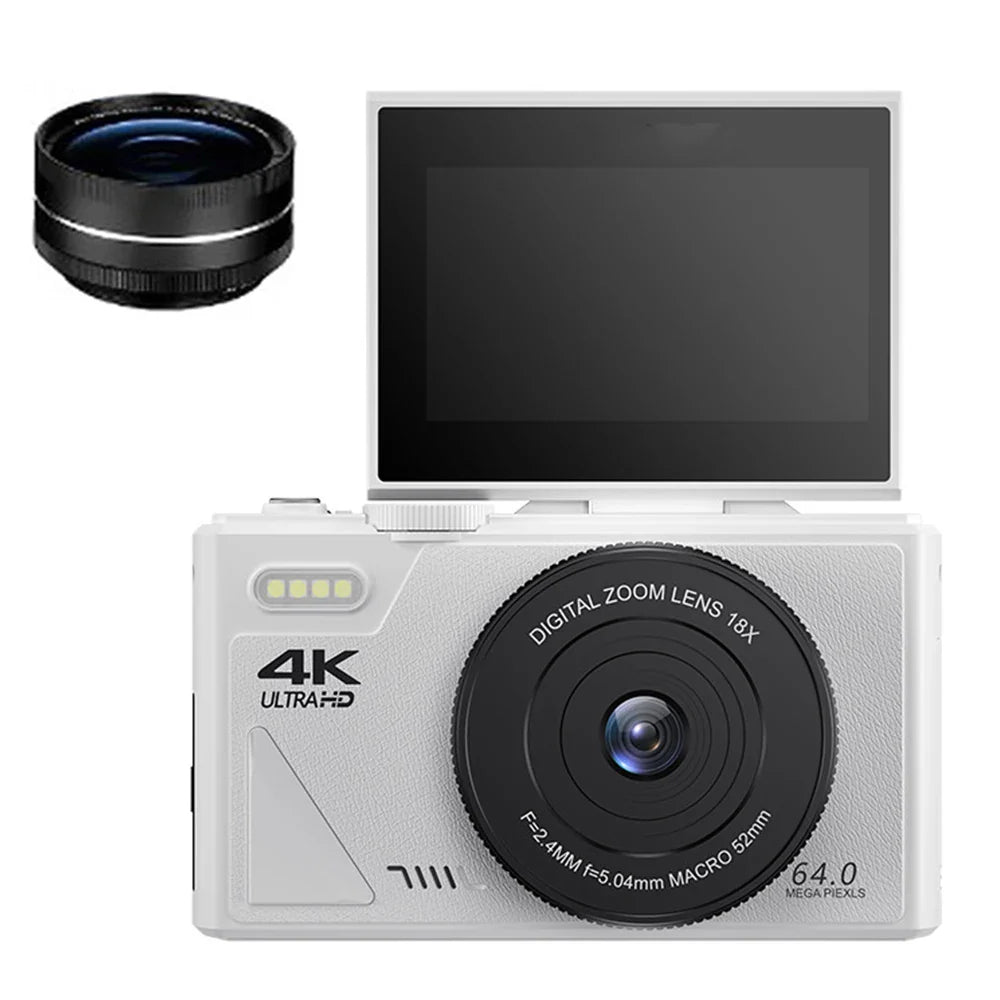 64MP 4K Digital Camera 180° Flip Screen 18X Zoom Selfie Vlog Camcorder Wide Angle Macro UHD Video Camera Livestream WiFi Webcam