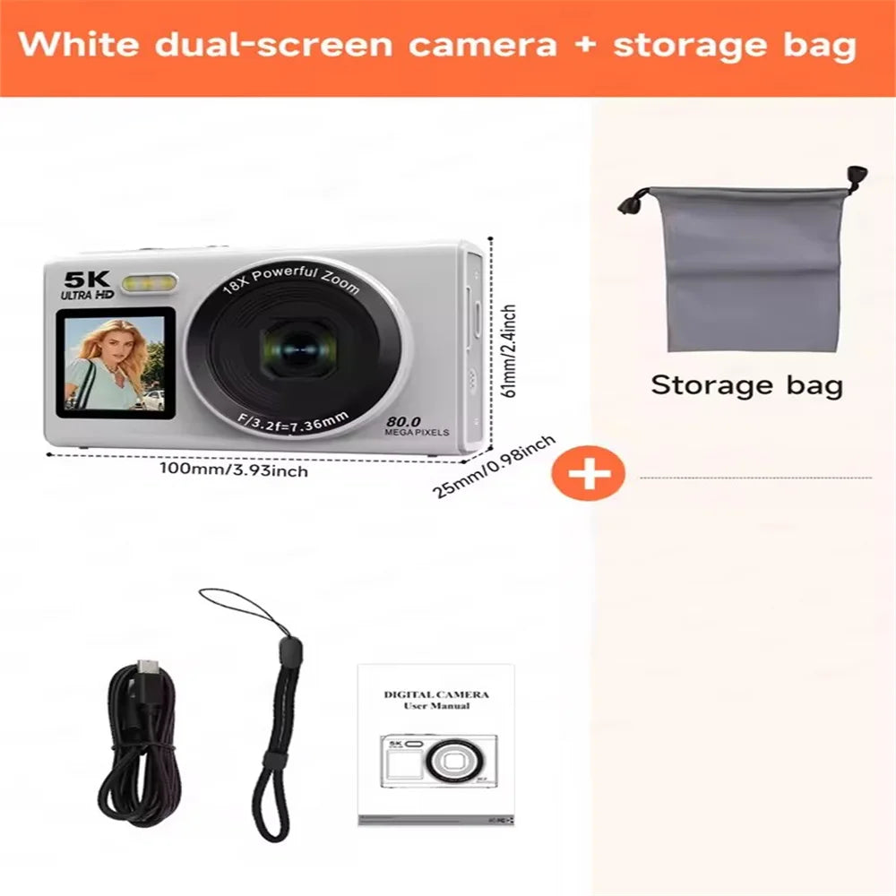 5K Dual Screen Digital Camera 80MP Retro CCD Photographic Cameras 8000W Pixel Auto Focus with 18x Zoom for Kid Adult Photography
