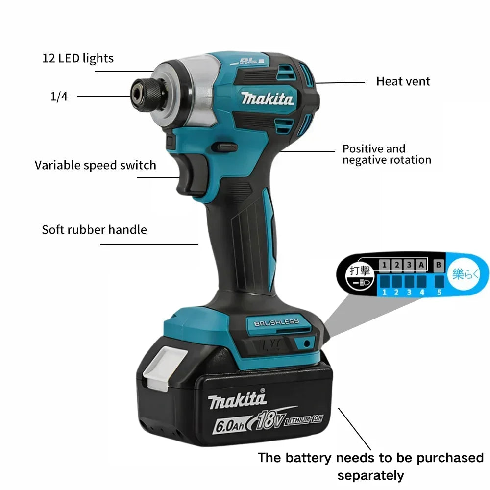 Makita 18V LXT Cordless Impact Driver DTD173 Brushless Electric Drill Screwdriver Wood/Bolt T1/T2-Mode Twin LED Light 180 N·m