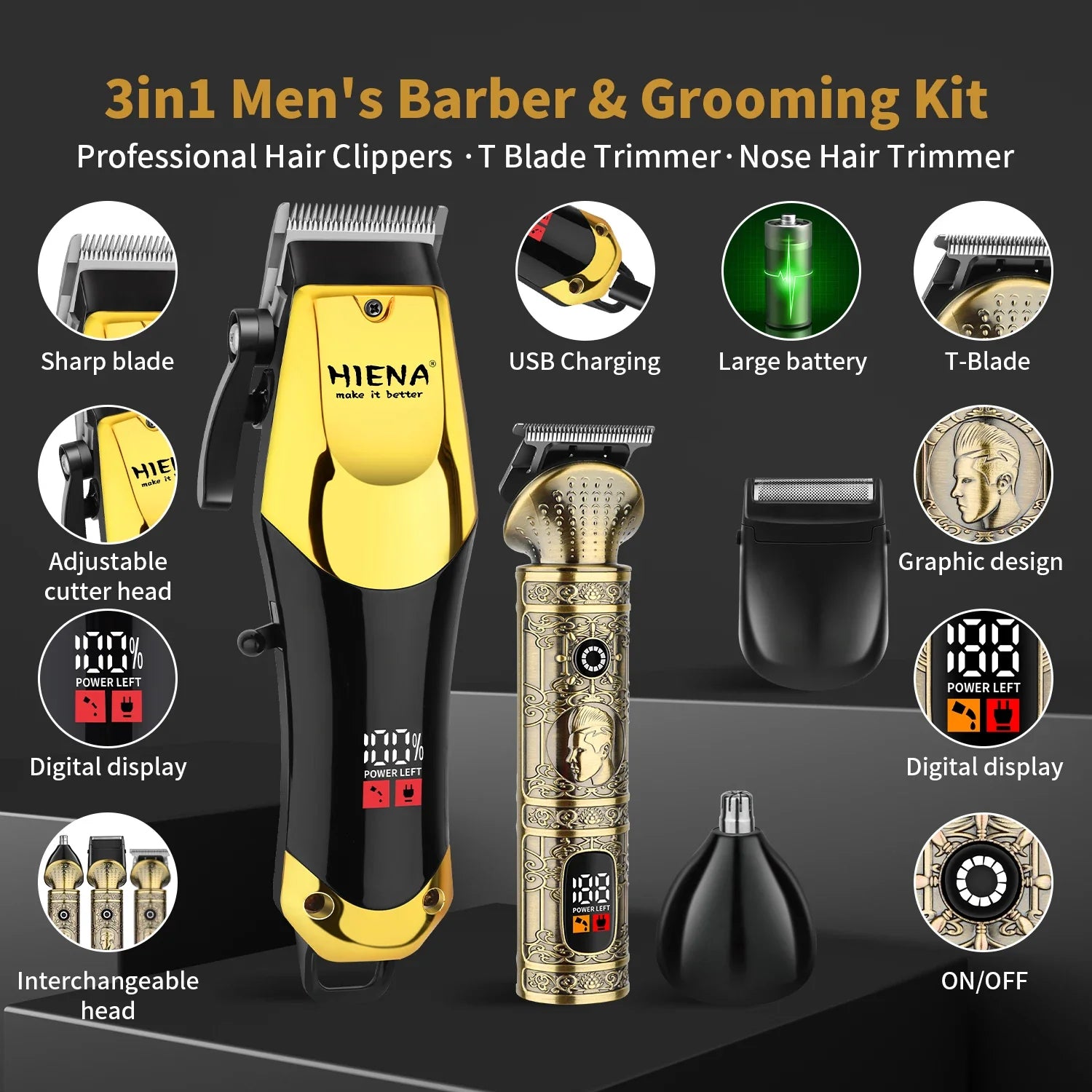 hiena Professional Barber Fade Clippers 0mm Zero Gapped Edgers Hair Trimmer Electric Men Bald Head Finish Hair Cutting Machine