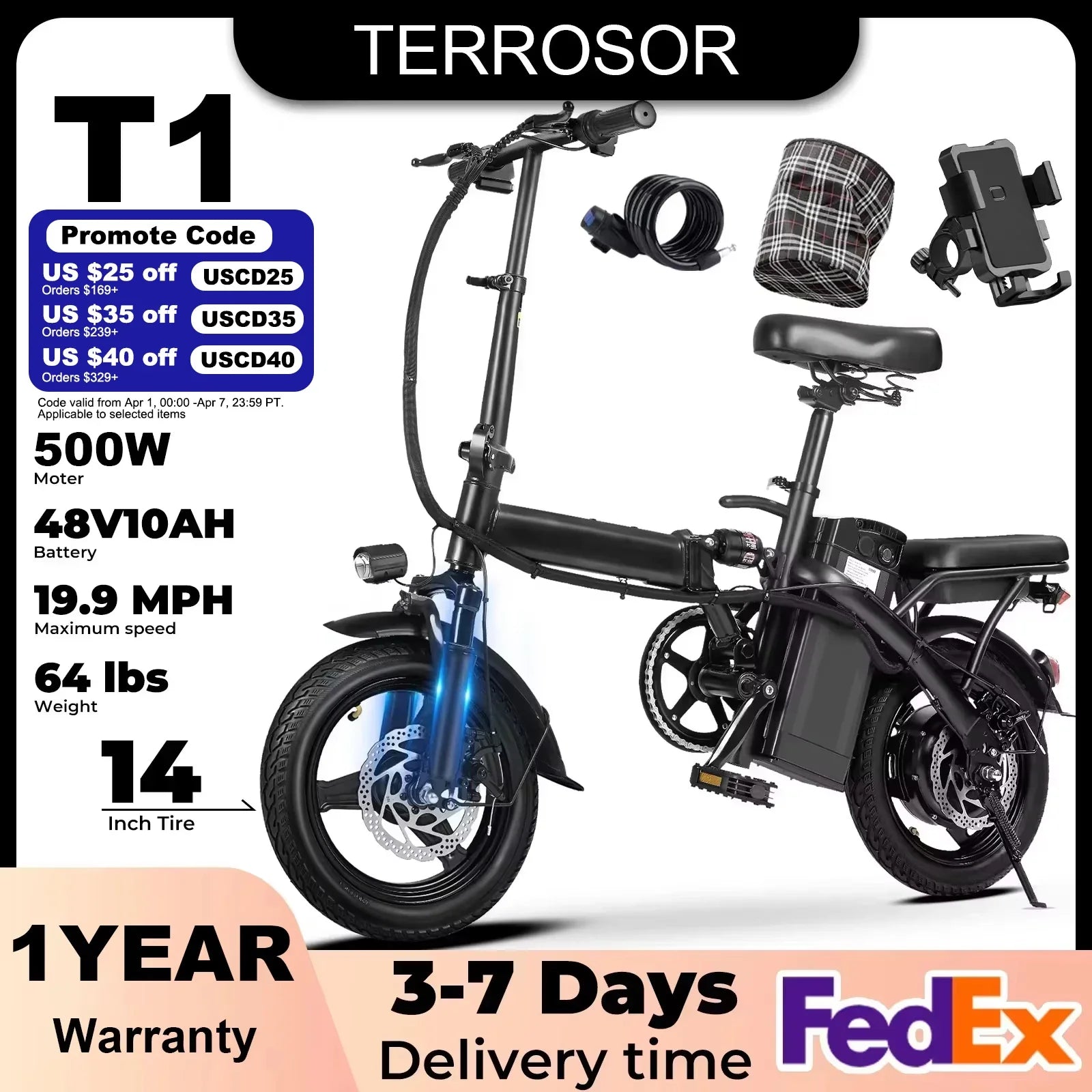 1Year Warranty 500W Adult Electric Bike 20MPH 48V10.4Ah with Dual Disc Brake 14 Inches Folding Electric Bike 22 Mile Range