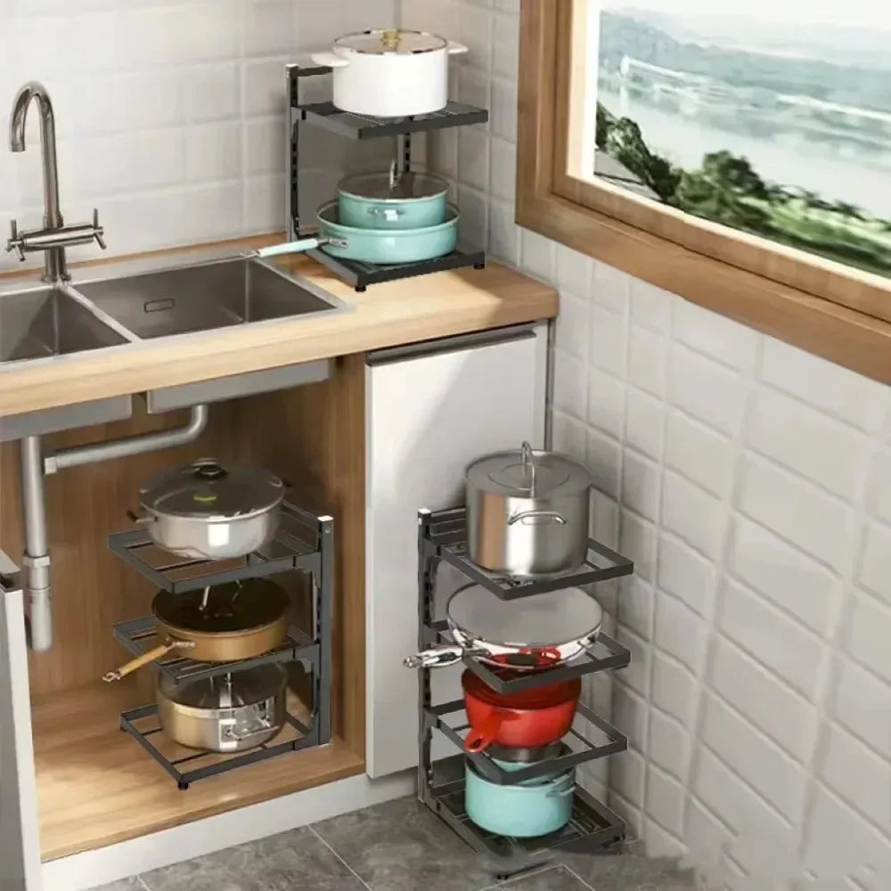 4-Tier Adjustable Pot Rack for Home Use Cookware Storage Rack Under-Sink/Countertop Storage Rack