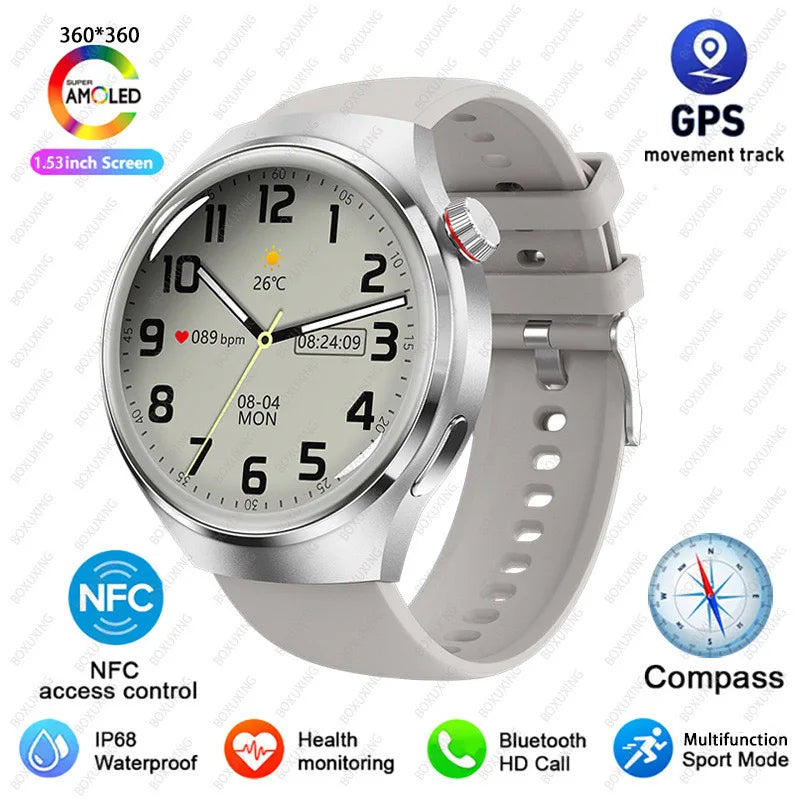 BOXUXING Watch 4 Pro Smart Watch Men GPS Sports Tracker NFC  1.53" HD Screen Health Monitor Watches Bluetooth Call SmartWatch