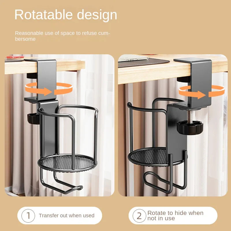 2 in 1 No Drill Desk Cup Holder Adjustable Upgraded Arm Clamp Stand 360 Degree Rotating Table Edge Clamp Anti-Fall Cup Holder