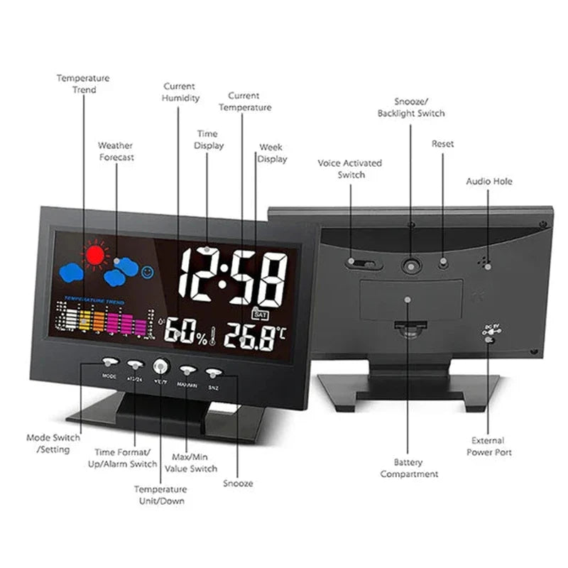 Digital LED Weather Station Temperature & Humidity Monitor With Forecast Display & Table Alarm Clock Large Screen Weather Clock