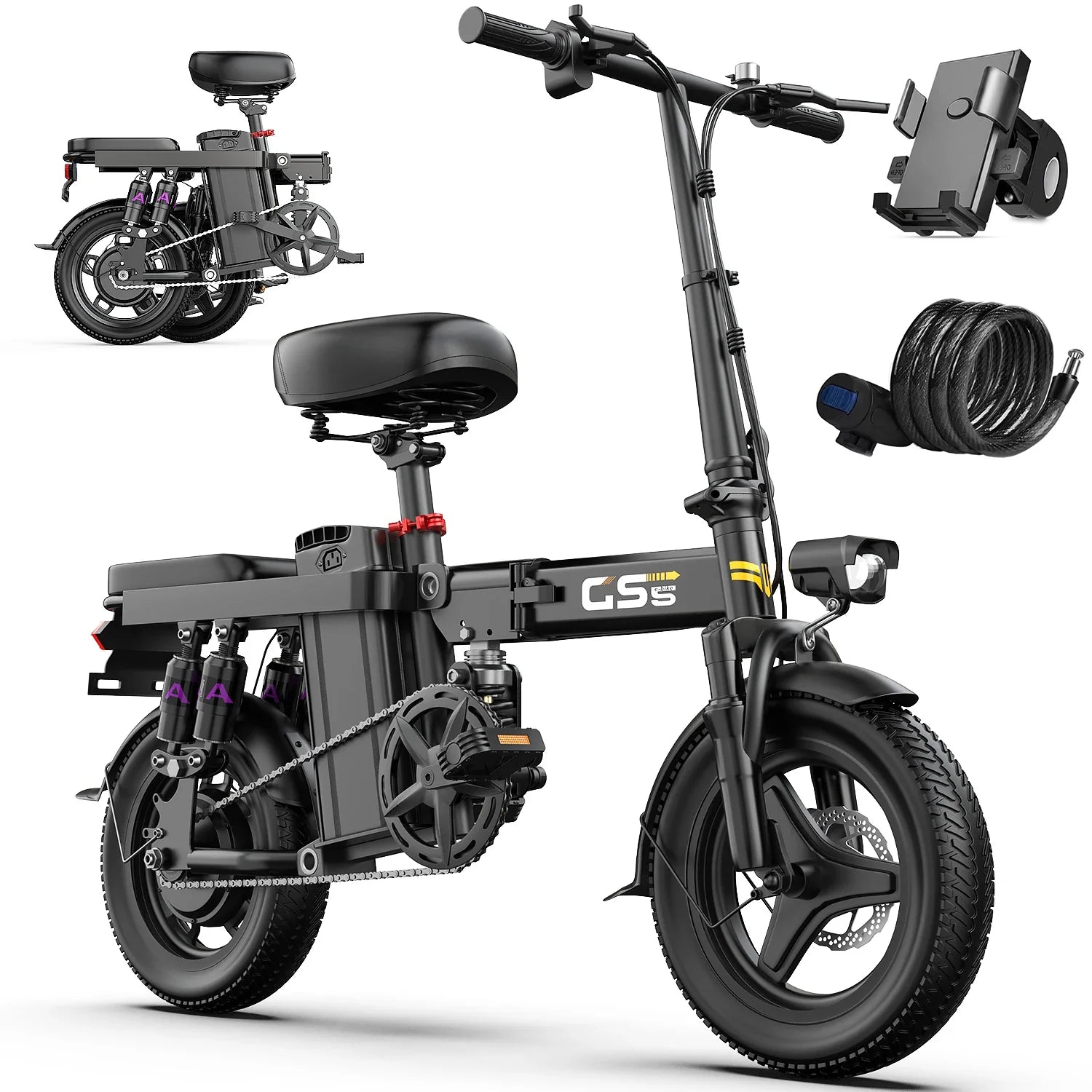 UPlee GS5 48V 15AH Battery EBike,30+MPH,740W Folding Electric Bike,35 Miles Max Range Electric Bike for Adults, 14" Fat Tire