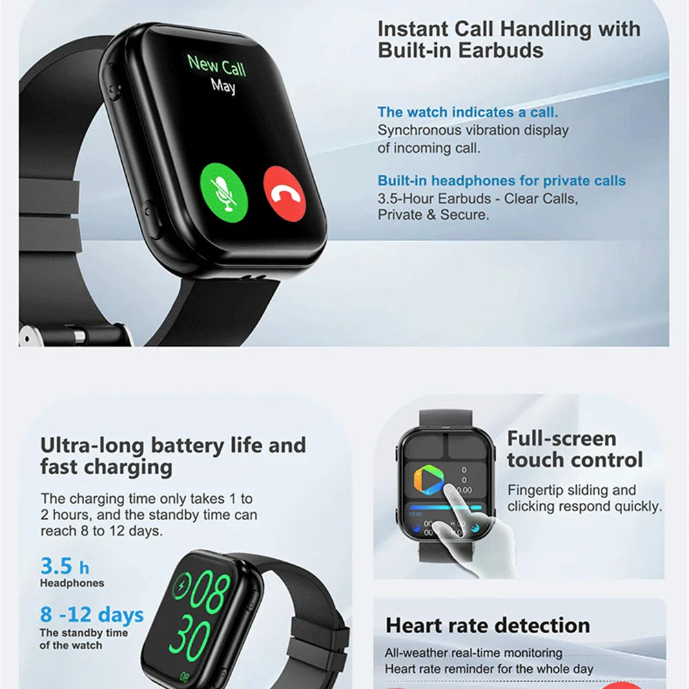 Waterproof Smartwatch 2 En 1 Equipped With TWS Earphones Smart Watch Men Women Sports Heart Rate Health Monitoring BT Call Music