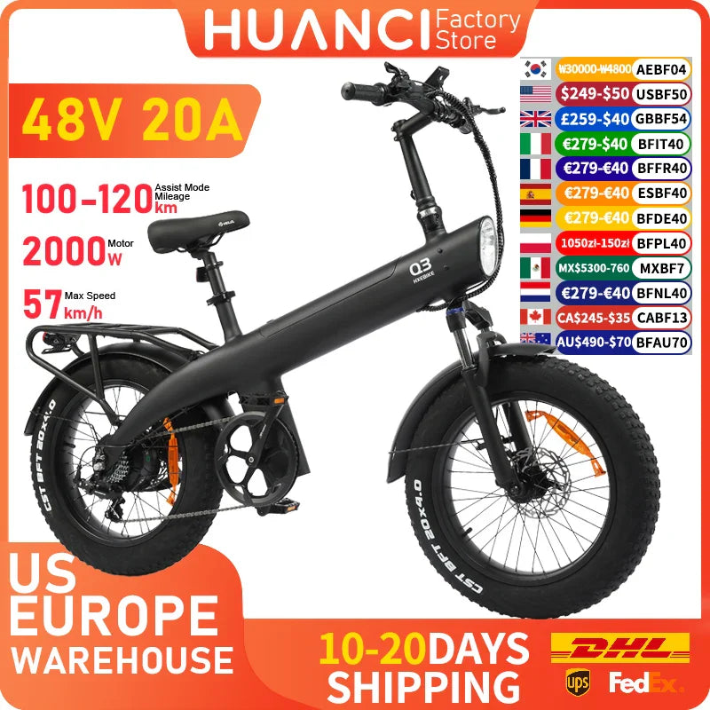 HUANCI Q3 Mountain electric bike 2000W 57KM/H electric dirt bike 48V 20AH Electric bicycle Ebike 20Inch fat tire Off-Road e bike