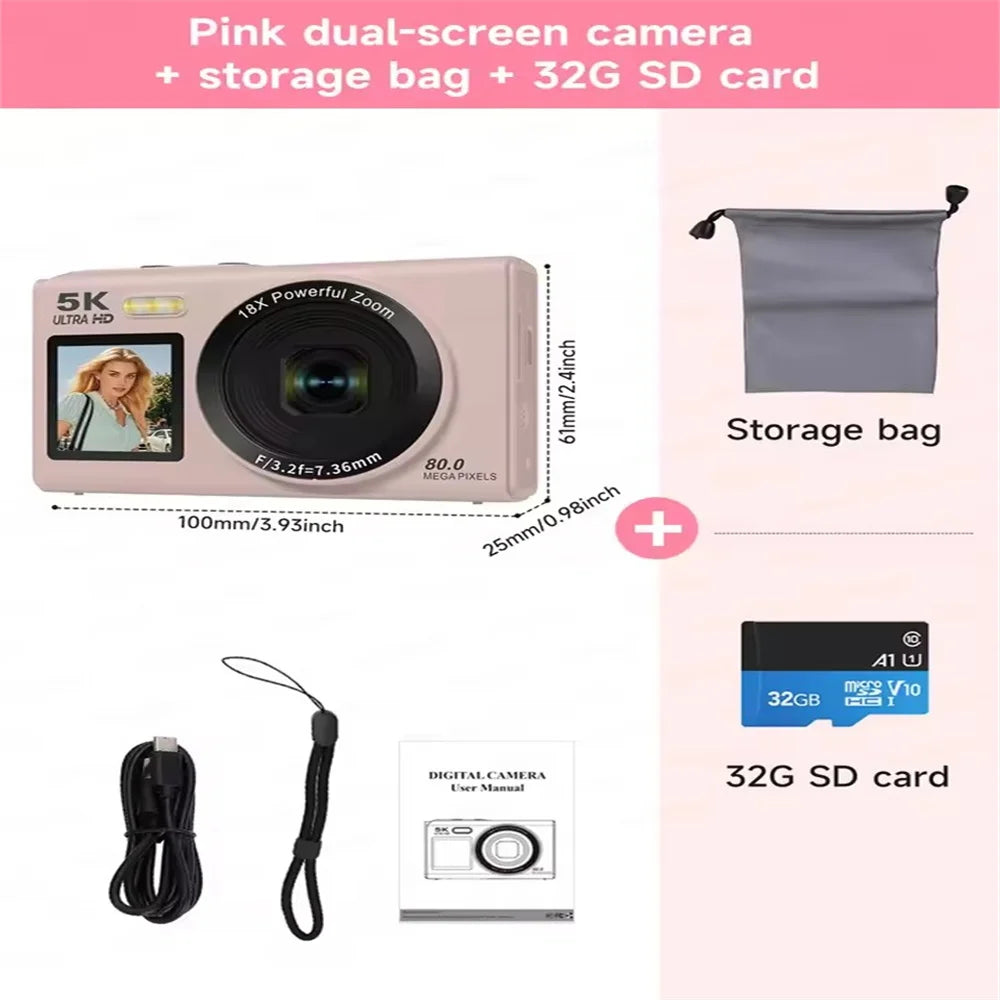 5K Dual Screen Digital Camera 80MP Retro CCD Photographic Cameras 8000W Pixel Auto Focus with 18x Zoom for Kid Adult Photography