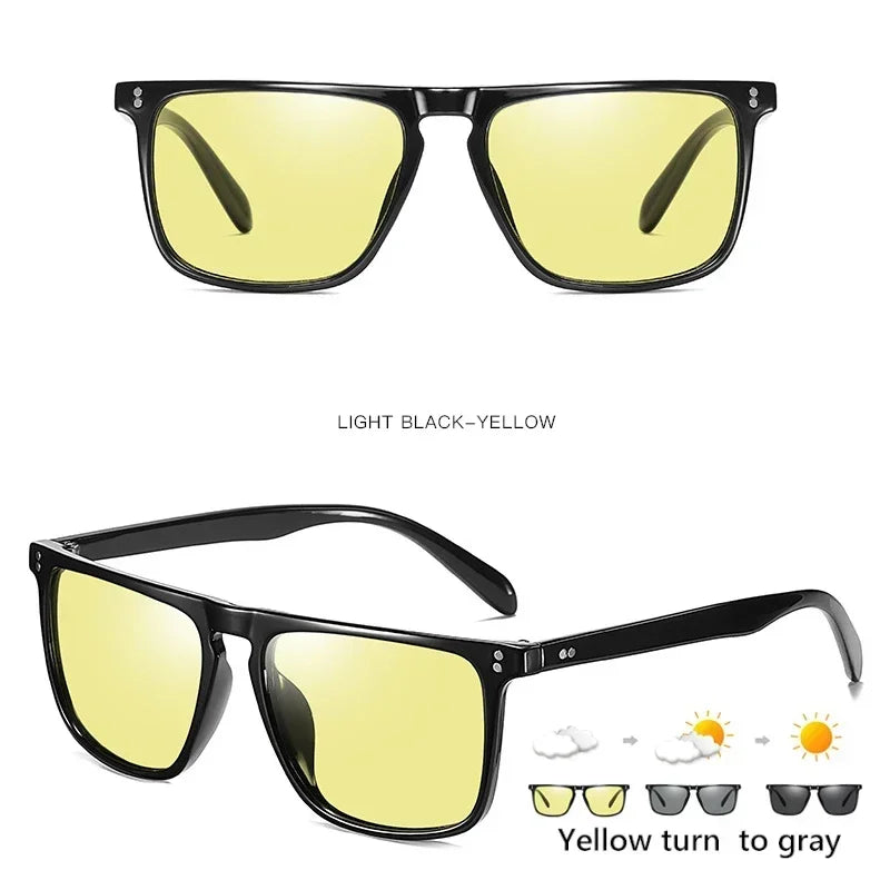 Available Trendy Flat Top Square Photochromic Glasses Stylish Sports Eyewear for Car Running Driving Vacation Travel and Fishing