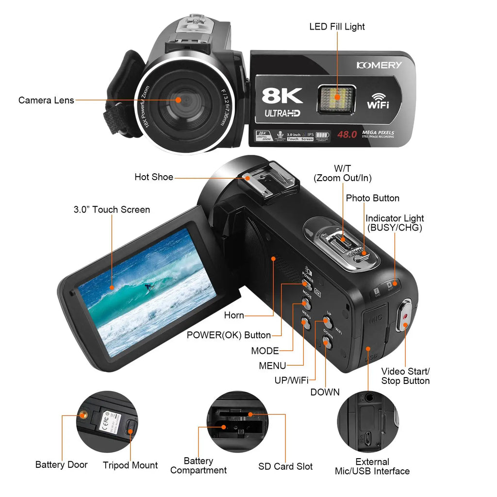 64MP 8K Video Camera Digital Recorder 18X Infrared Night Vision Camcorder 3.0 inch Rotate Touch Screen WIFI Livestreaming Webcam