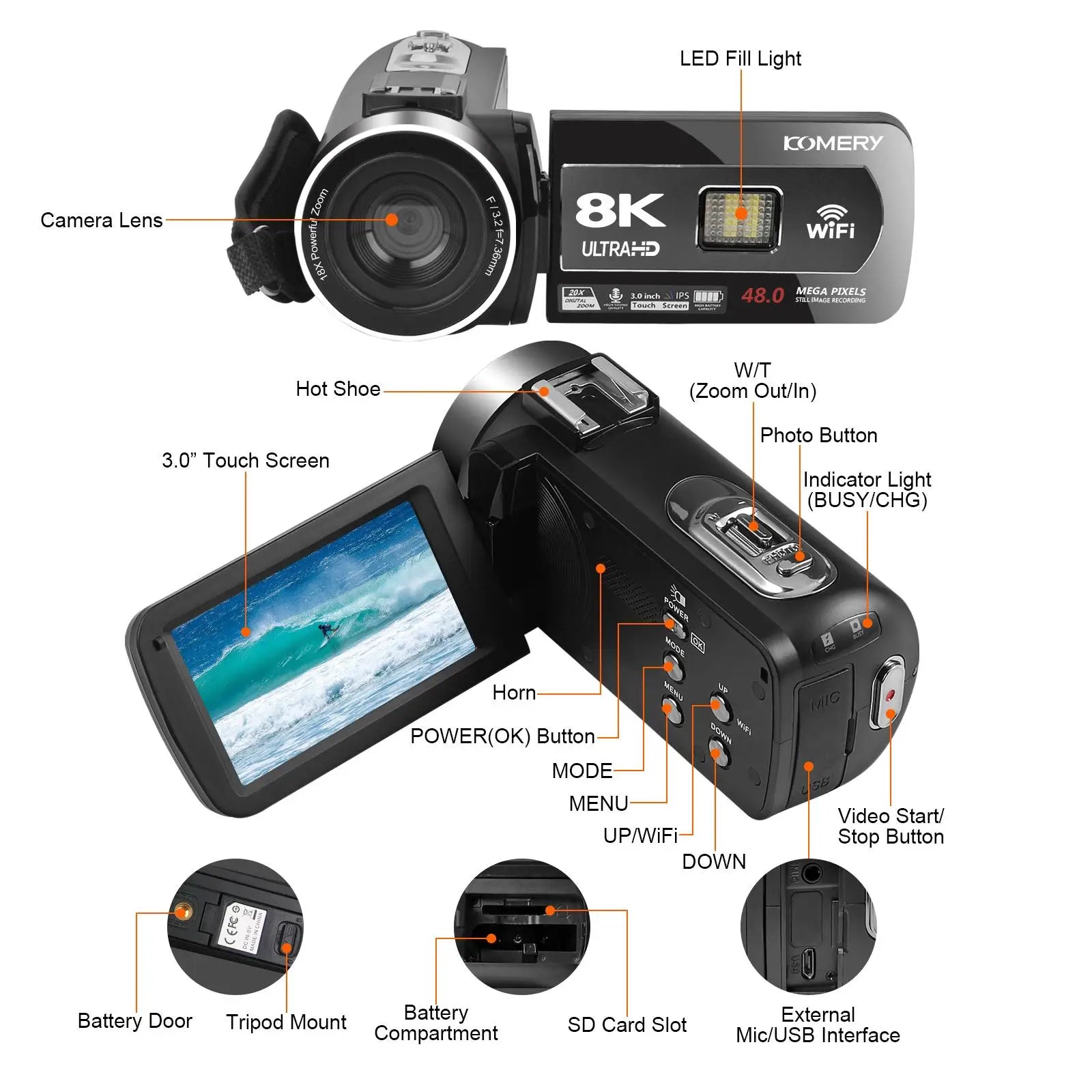 64MP 8K Video Camera Digital Recorder 18X Infrared Night Vision Camcorder 3.0 inch Rotate Touch Screen WIFI Livestreaming Webcam