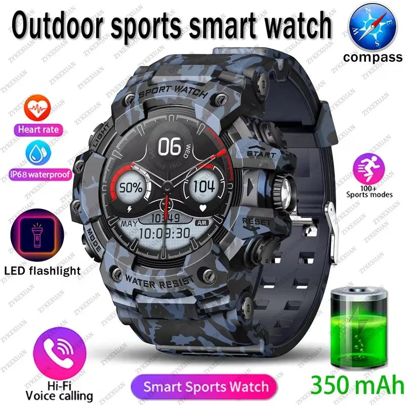 2026 Rugged Sports Smart Watch Bluetooth Calls Colorful Waterproof Military Smartwatches with Flashlight SOS COMPASS for Phone