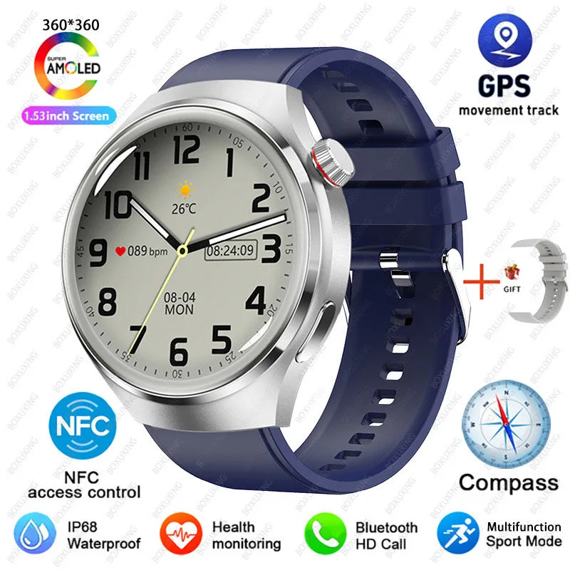 BOXUXING Watch 4 Pro Smart Watch Men GPS Sports Tracker NFC  1.53" HD Screen Health Monitor Watches Bluetooth Call SmartWatch
