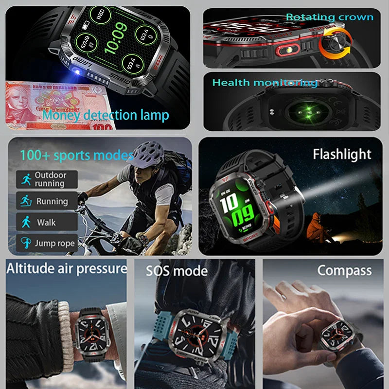 2026 New LED flashlight Military Smart Watch Men IP68 GPS Outdoor Sports Fitness Tracker Health Monitor 2.01" BT Call Smartwatch