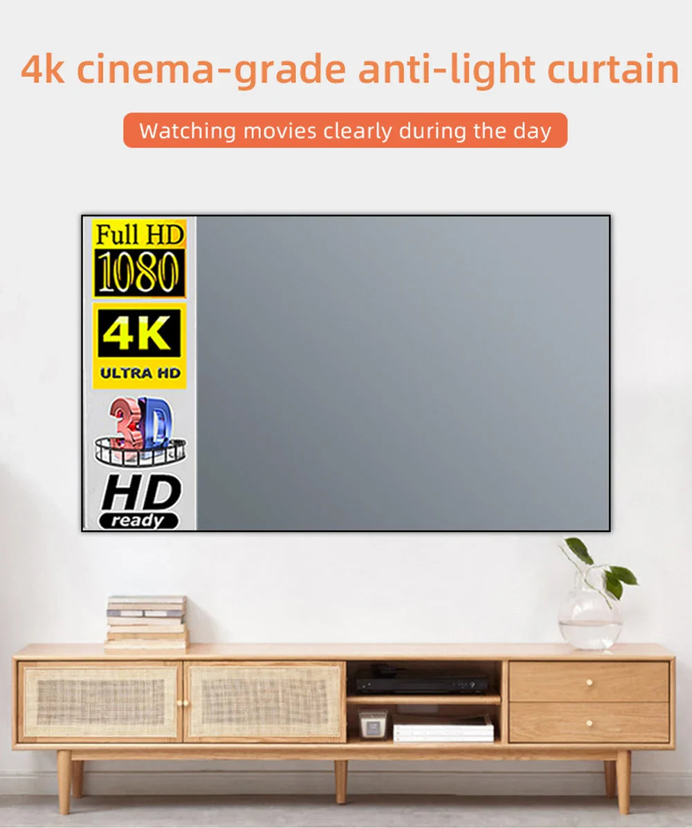 4K high-definition projection screen with 60-133 inch metal anti light screen hook design suitable for low lumen projectors