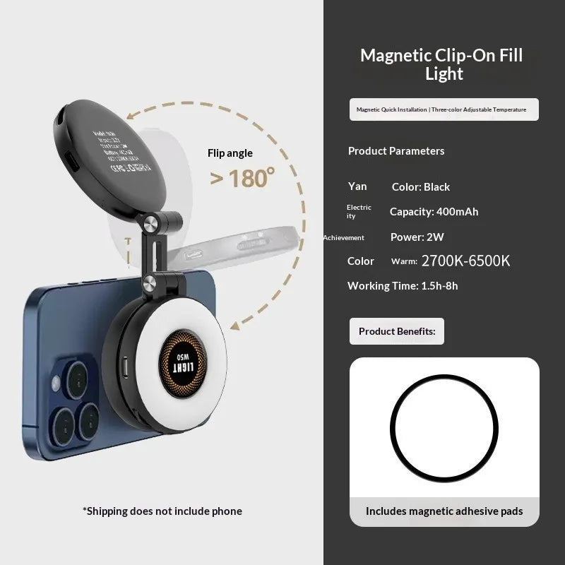 W50 Mobile Phone Tablet Magnetic Fill Light, Portable Handheld Lighting for Horizontal and Vertical Shooting, Adjustable St