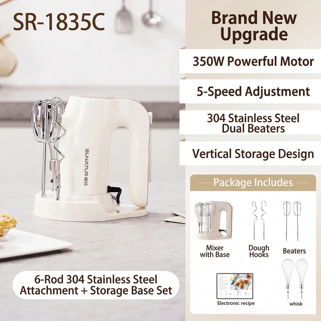 SUNATUR 350W 5-Speed Electric Hand Mixer, Pure Copper Motor One-Key Eject Storage Base Quiet Whisk for Home Baking