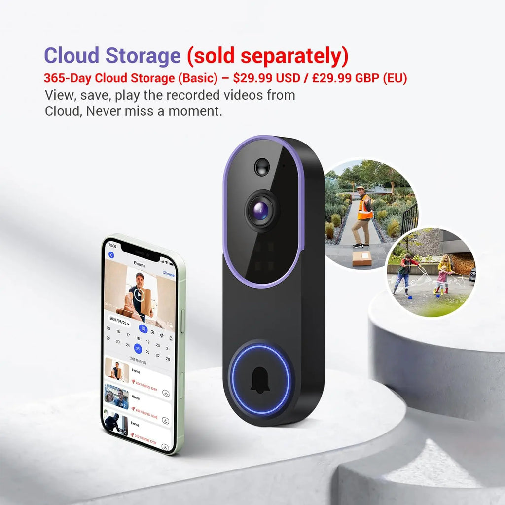 Smart Video Doorbell Camera with Motion Detection, Night Vision, Cloud Storage, Two-Way Talk, Battery Powered for Home Security
