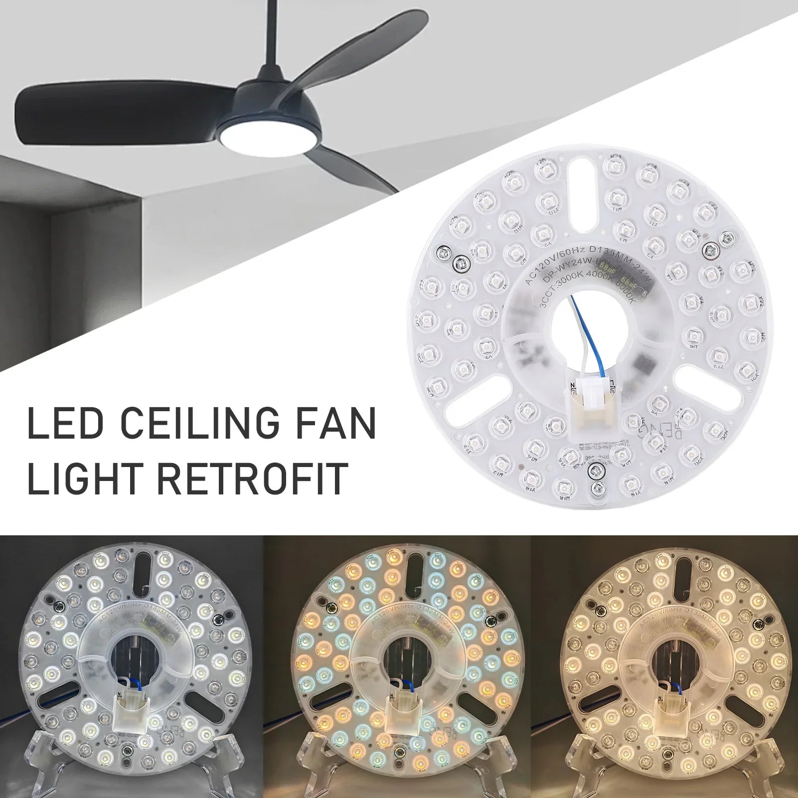 5.3 Inch Ceiling Fan LED Light Replacement 24W 3CCT Dimmable Magnetic LED Fan Light Board Panel Retrofit Light with Memory