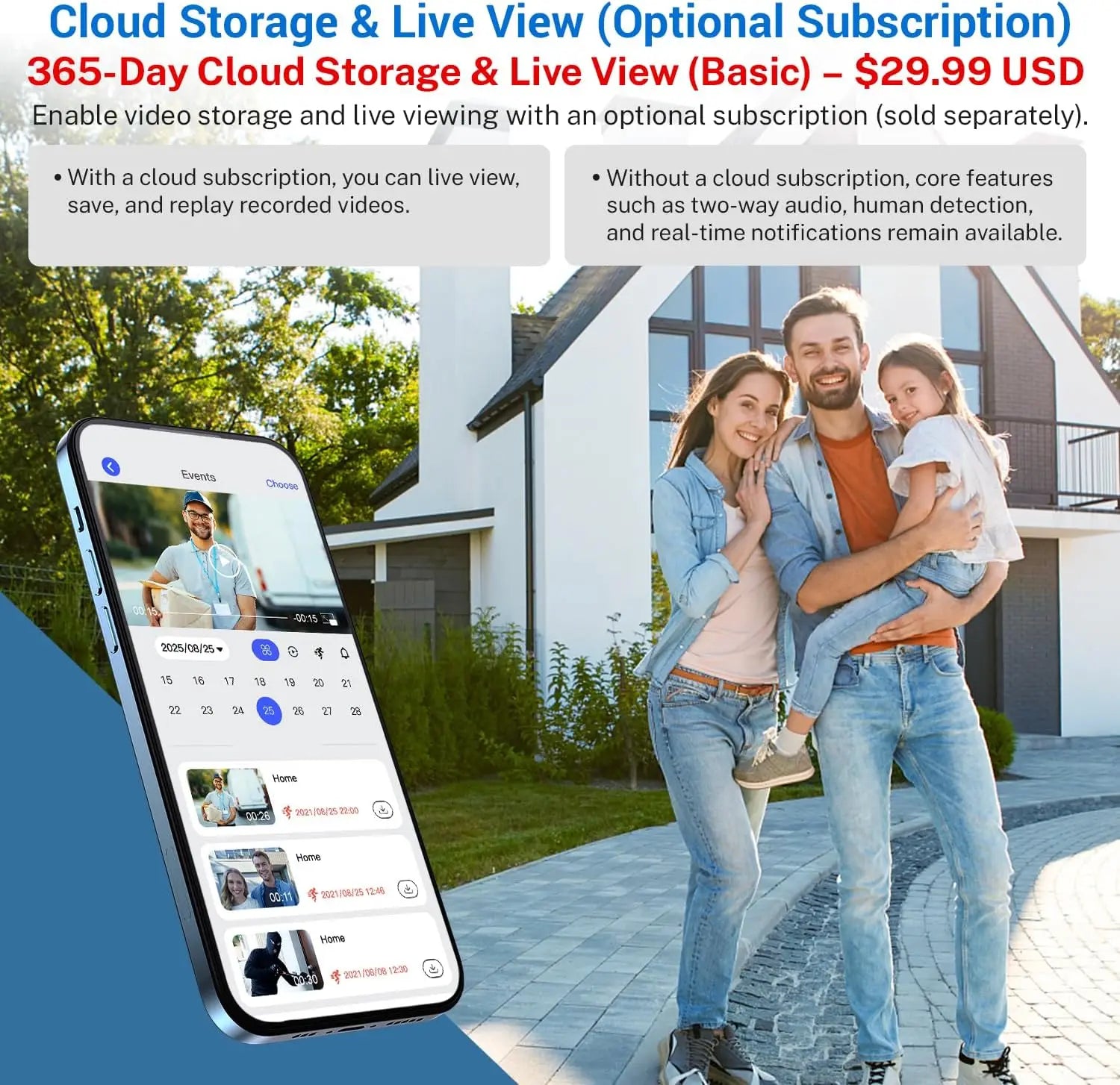 Smart Wireless Video Doorbell Camera with AI Detection, Night Vision, Cloud Storage, Battery Powered for Indoor Outdoor Use