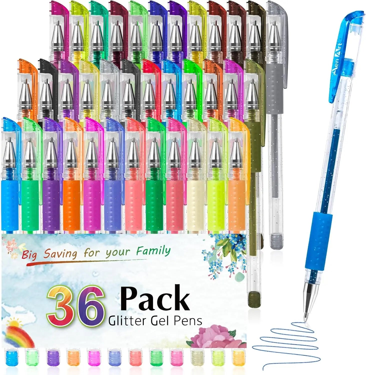 36 Glitter Gel Pens for Adult Coloring, 40% More Ink, Smooth Fine Lines, Non-Toxic Art Markers