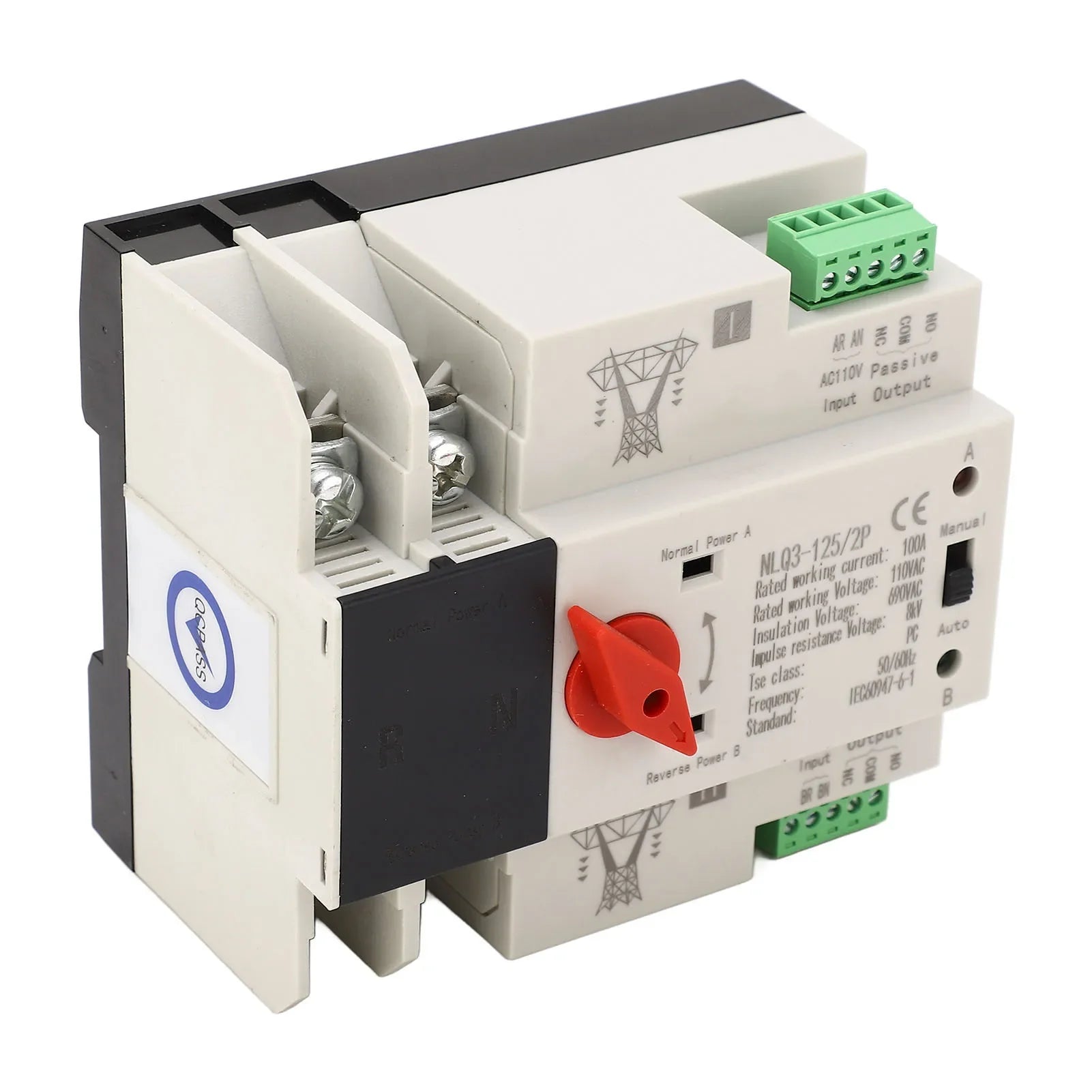 AC110V 100A Dual Power Automatic Transfer Switch 35mm Rail Mounting 2P ATS Generator Transfer Changeover Switch
