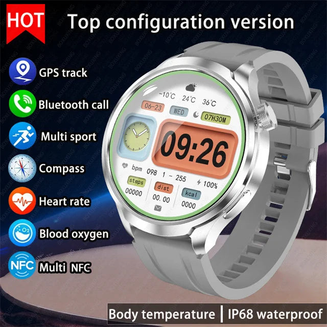 2026 New BOXUXING Outdoor Sports Smart Watch Men AMOLED Screen NFC GPS Compass Heart rate Waterproof Bluetooth Call SmartWatch