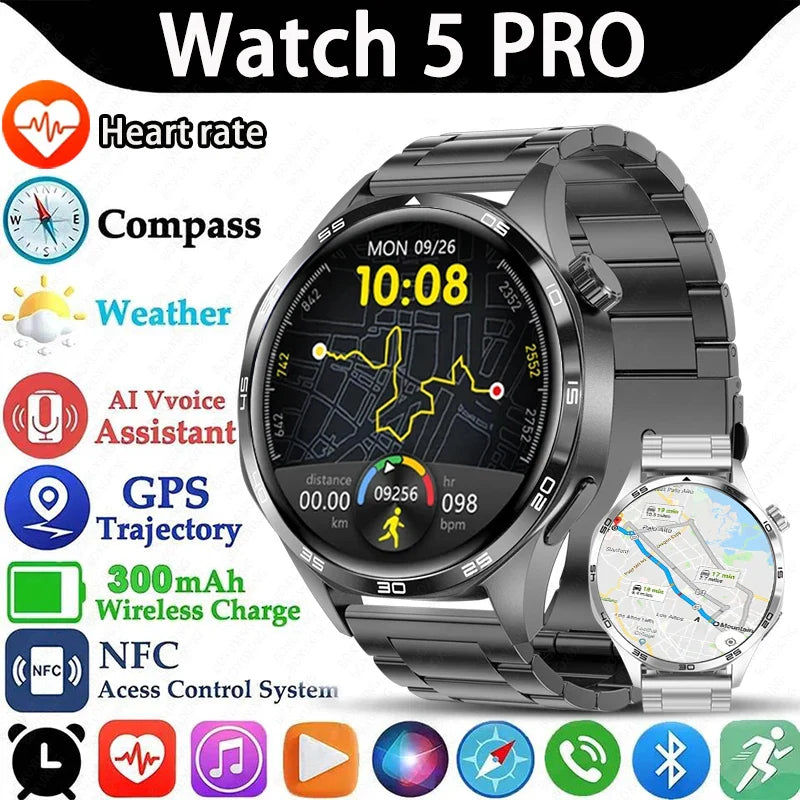 BOXUXING 2026 New GPS NFC Smart Watch 5 Pro Men 360*360 AMOLED Screen Heart rate Bluetooth Call IP68 Waterproof Man Smartwatch