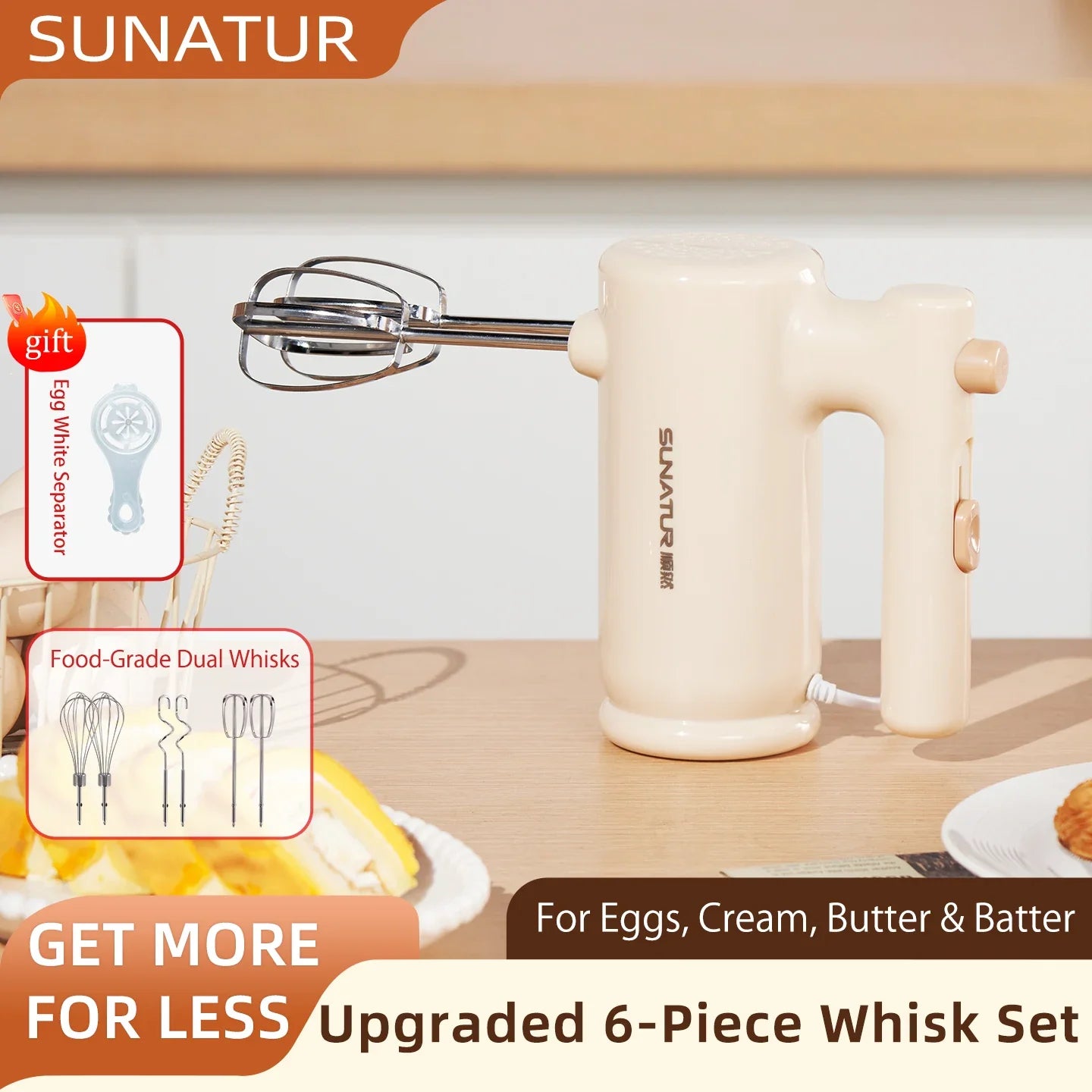 SUNATUR 200W 5-Speed Electric Hand Mixer, Handheld Egg Beater Whisk for Home Baking, Food-Grade Stainless Steel Attachments, Eas