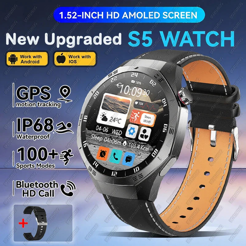 2026 New BOXUXING S5 Smart Watch Men HD AMOLED Screen GPS Motion trajectory HeartRate Bluetooth Call 1.52" SmartWatch IP68 Watch