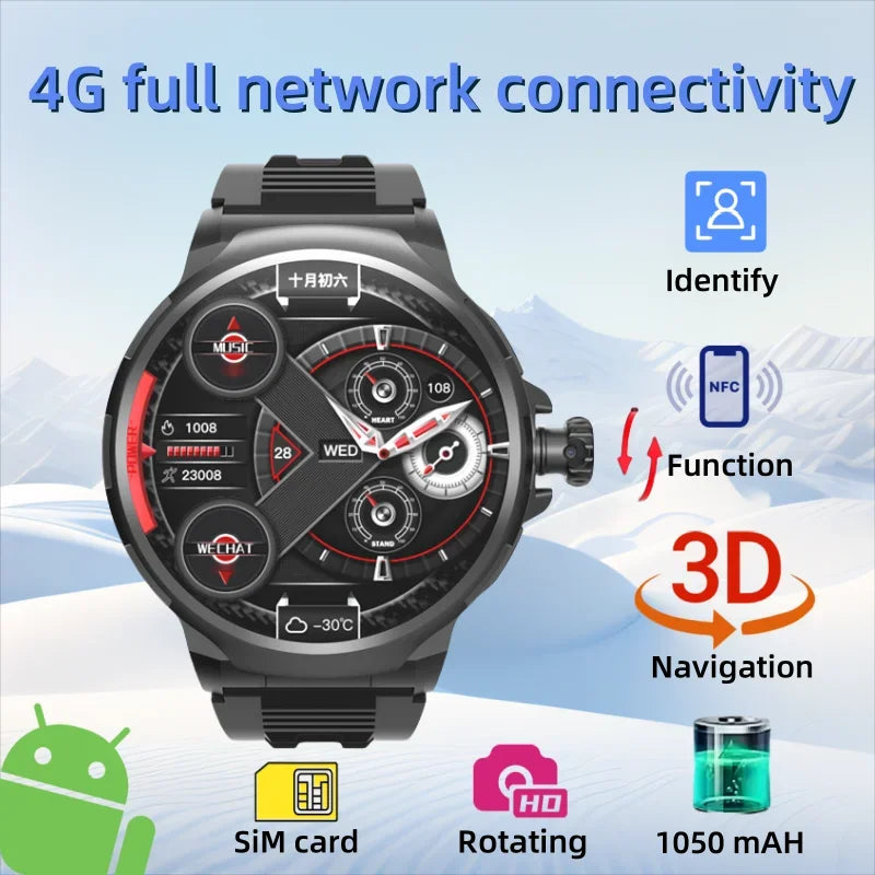 GT100 New Smartwatch 1.85-inch Display HD Screen Android OS 4G SIM Card 180° Rotating Camera WiFi Waterproof Smart Watch Men