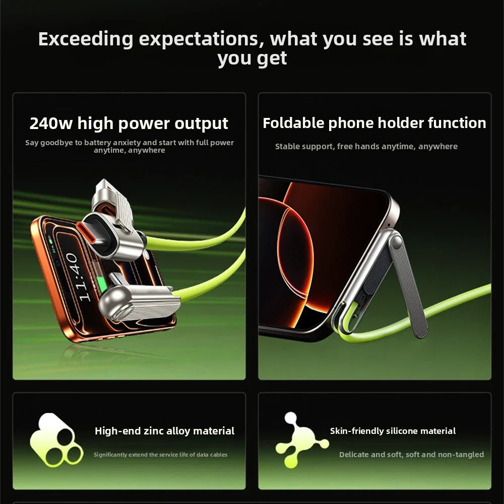 Portable Type C 240W Fast Charging Cable Phone Tablet Foldable Holder 2 In 1 Charging Cable Folding Bracket Earphone Data Wire