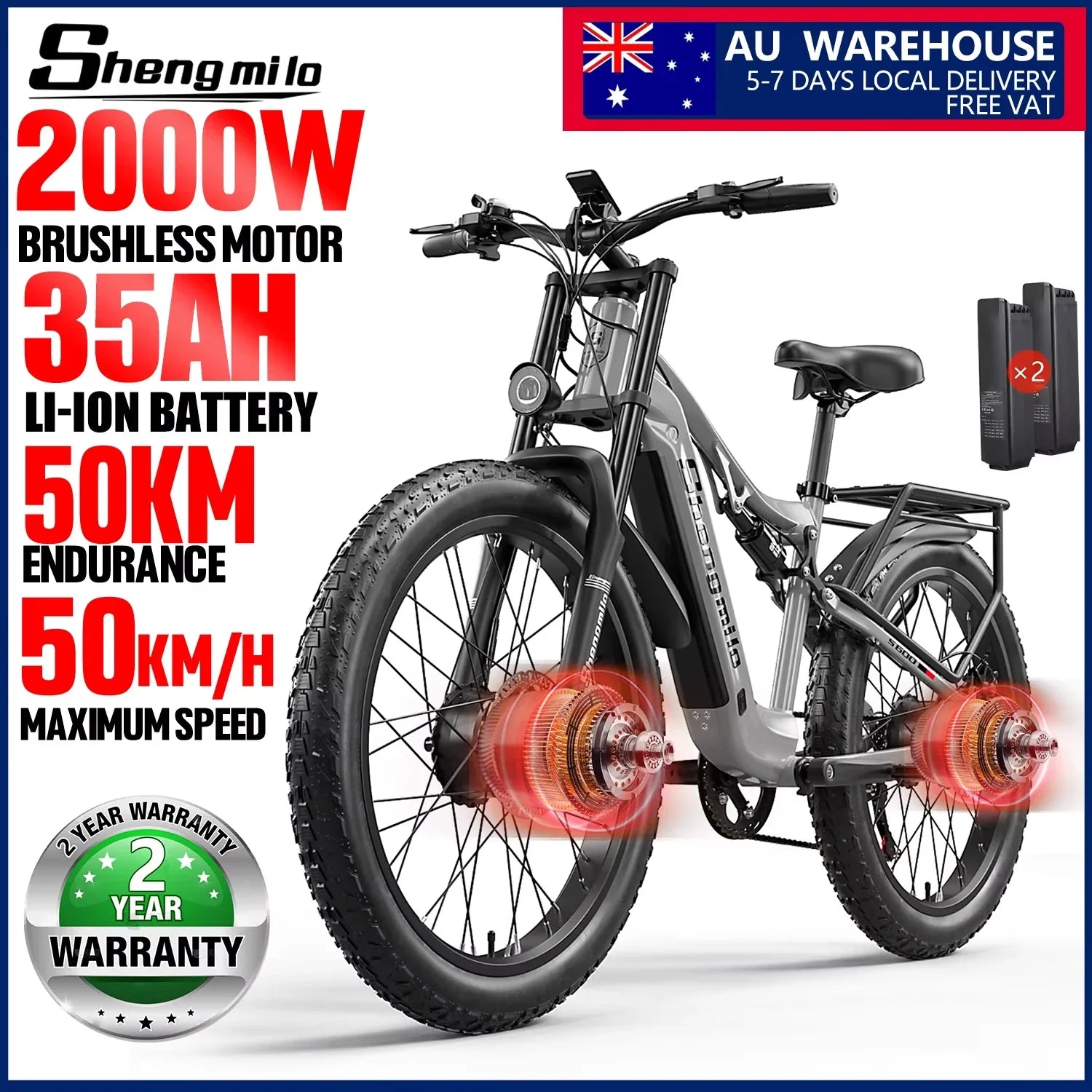 Shengmilo S600 26 inches adult electric mountain bike, 2000W dual motor ebike 7-speed electric bicycle，Fat Tire ebike17.5ah