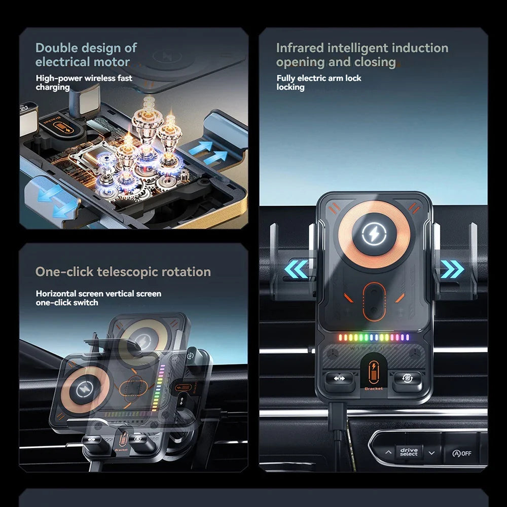 696 Car Holder With Dual Motor Electric Rotating Opening Closing Mobile Phone Holder Wireless Fast Charging Car Phone Bracket