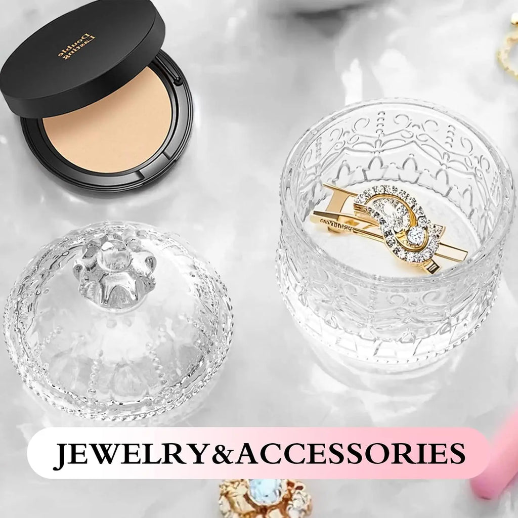 2-Piece Velour Powder Puff Set with Crystal Glass Container, Soft Washable for Face and Body Makeup