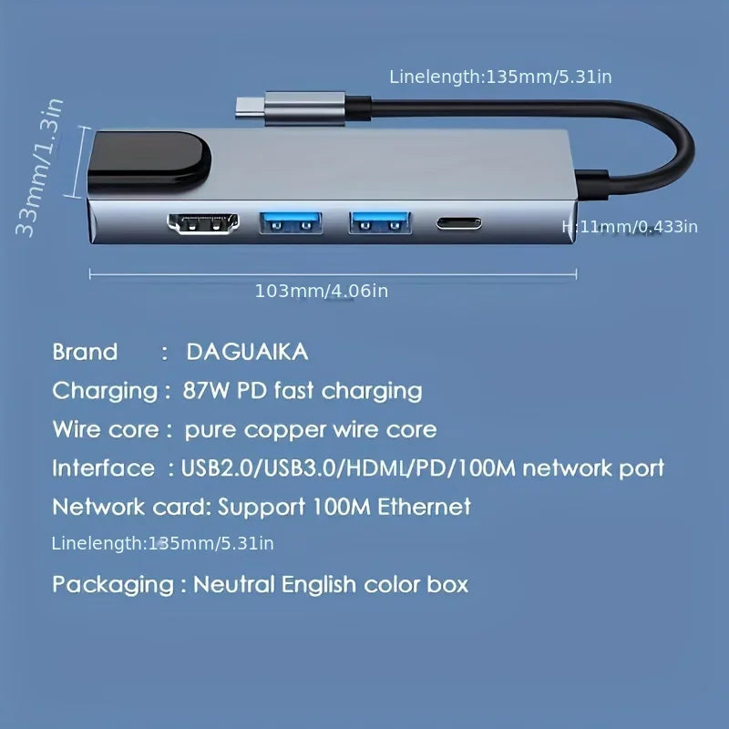 5 in 1 USB C Hub Type C To 4K HDMI-compatible Adapter RJ45 Network 100M Ethernet Lan Charger Port Adapter For Macbook Pro