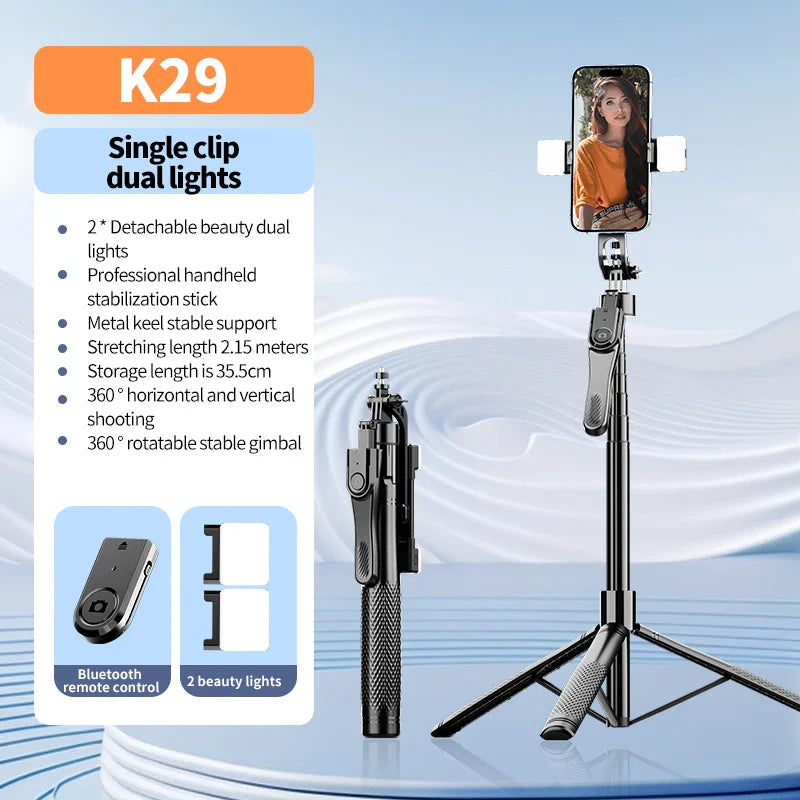 Roreta 2.15M 360 ° rotation Selfie Stick with Wireless Bluetooth LED Fill Light Extended Tripod with Remote Shutter for Android