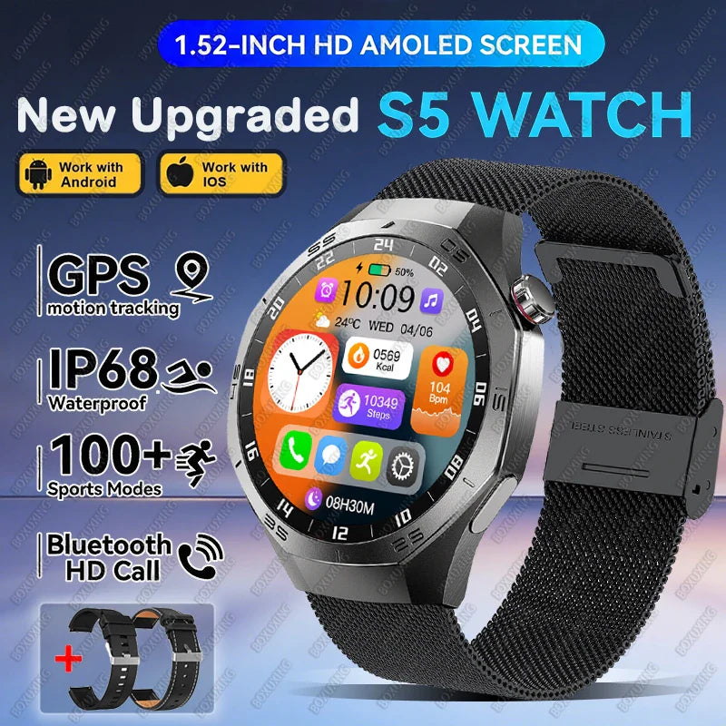 2026 New BOXUXING S5 Smart Watch Men HD AMOLED Screen GPS Motion trajectory HeartRate Bluetooth Call 1.52" SmartWatch IP68 Watch