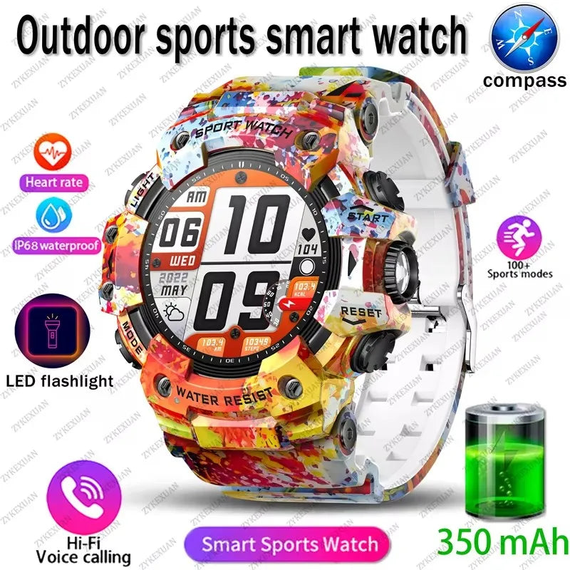 2026 Rugged Sports Smart Watch Bluetooth Calls Colorful Waterproof Military Smartwatches with Flashlight SOS COMPASS for Phone