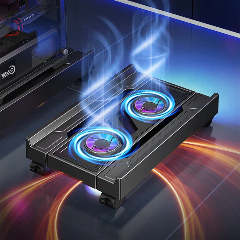 Mobile PC Tower Stand Adjustable Computer CPU Holder Telescopic Desktop Stand CPU Cart with RGB Cooling Fan Heat Dissipation