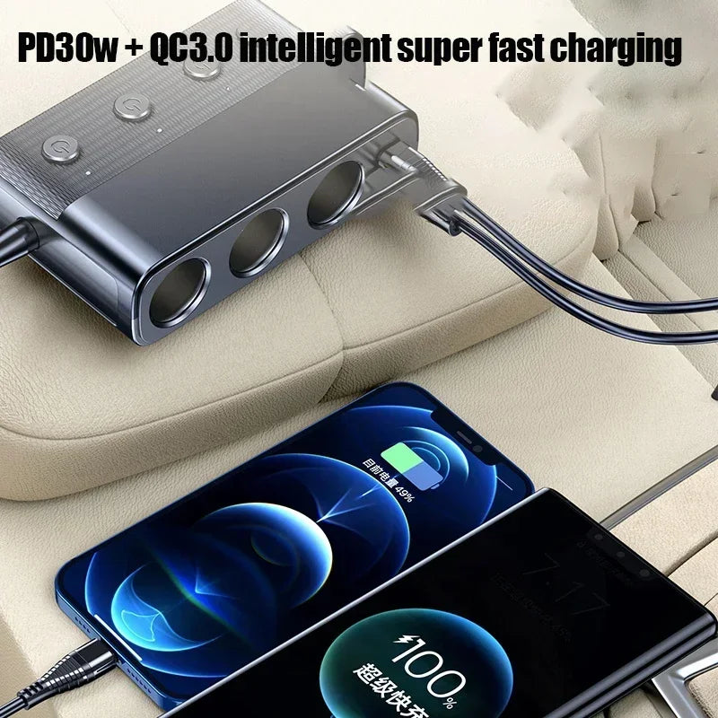 Car Cigarette Lighter Socket Splitter With Switch 128W Car Charger Splitter Multi Ports PD30W QC3.0 Fast Charger Power Adapter