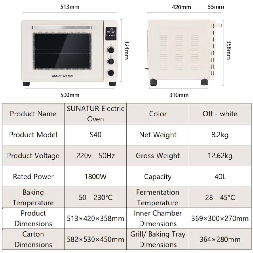 SUNATUR 40L Electric pizza oven Convection Table Oven 1800w home oven hot air circulation ovens four toaster baking pastry cake