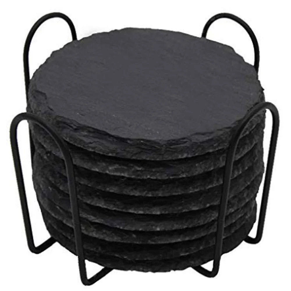 10Pcs Natural Slate Drink Coasters Round Black Stone Insulation Cup Coaster for Coffee Table, Home Kitchen, Bar