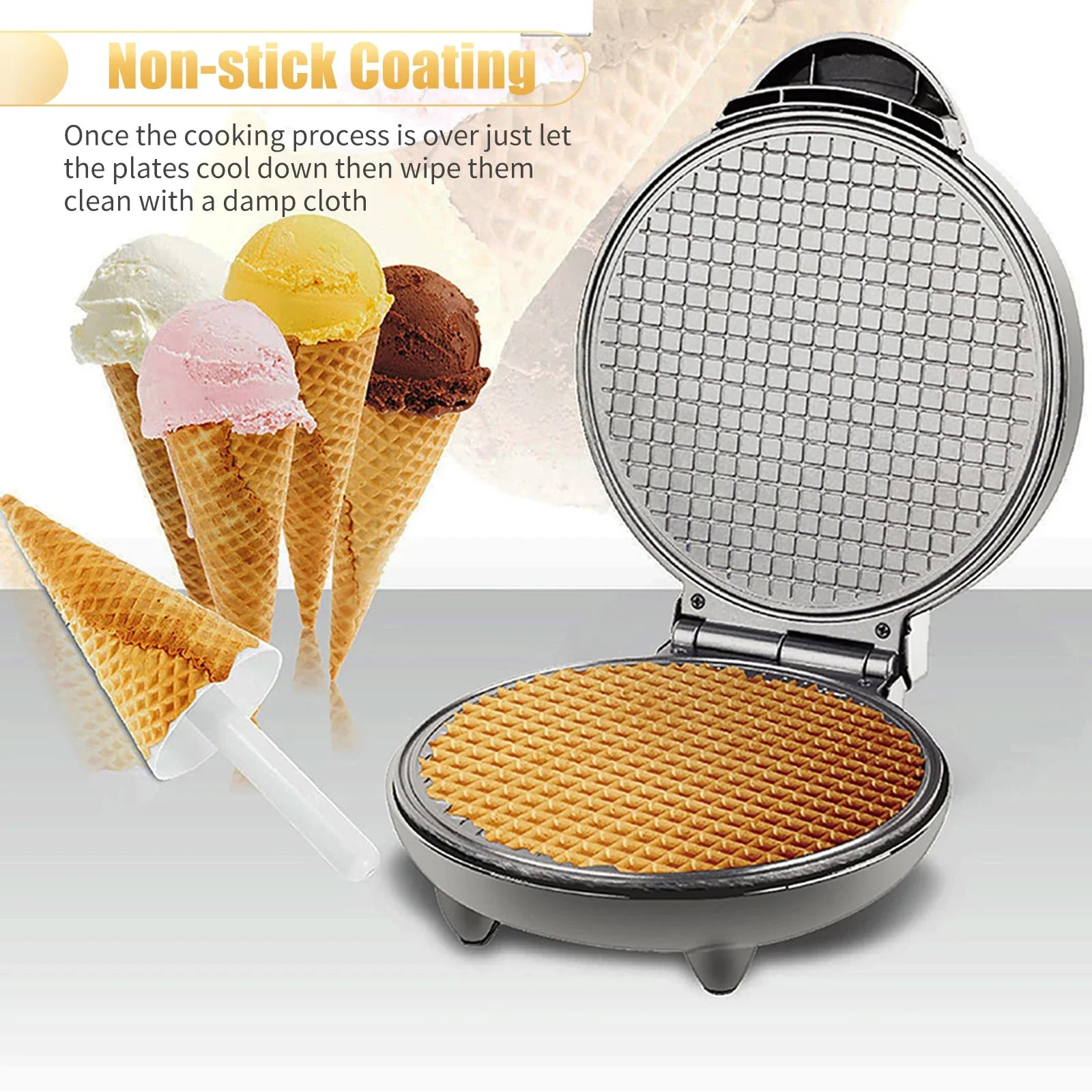 Electric Ice Cream Cone Maker Multi-function Breakfast Machine 1200W Waffle Maker Nonstick Baking Iron Machine Stainless Steel