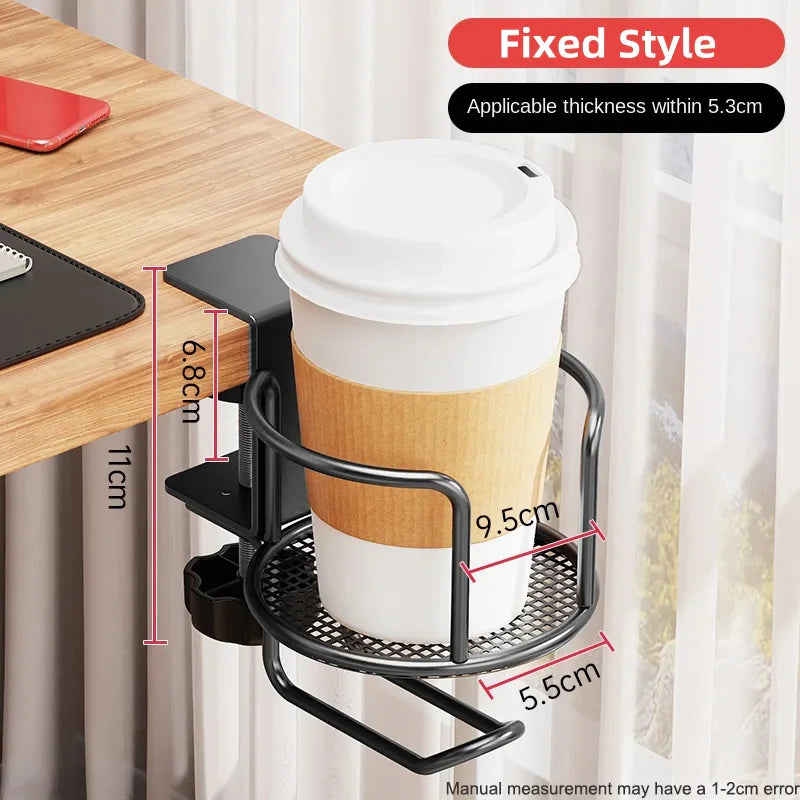 2 in 1 No Drill Desk Cup Holder Adjustable Upgraded Arm Clamp Stand 360 Degree Rotating Table Edge Clamp Anti-Fall Cup Holder
