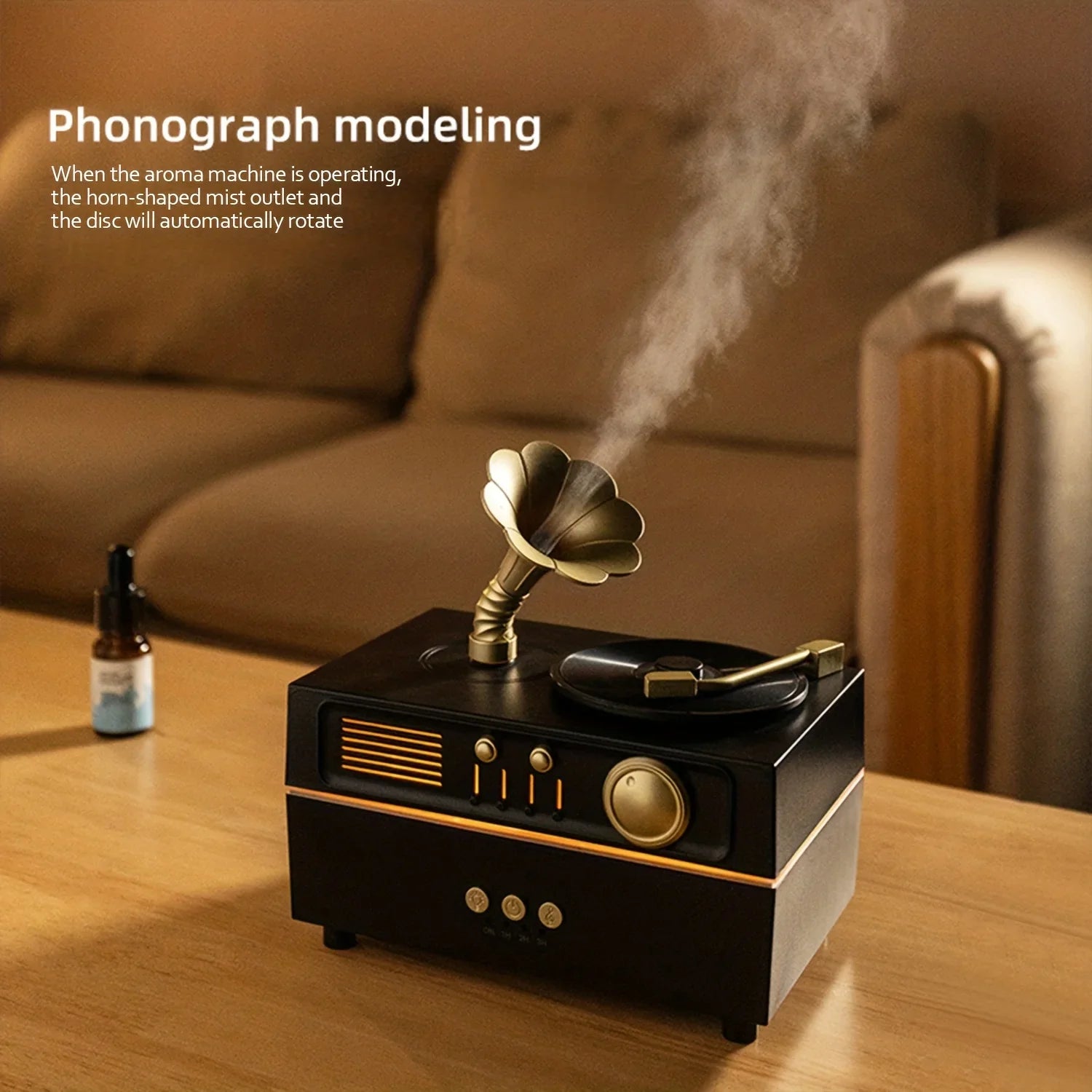 Phonograph Retro Style Aromatherapy Diffuser 7 Color Atmosphere Light Effects 3 Gear Timing Used For Indoor Humidification