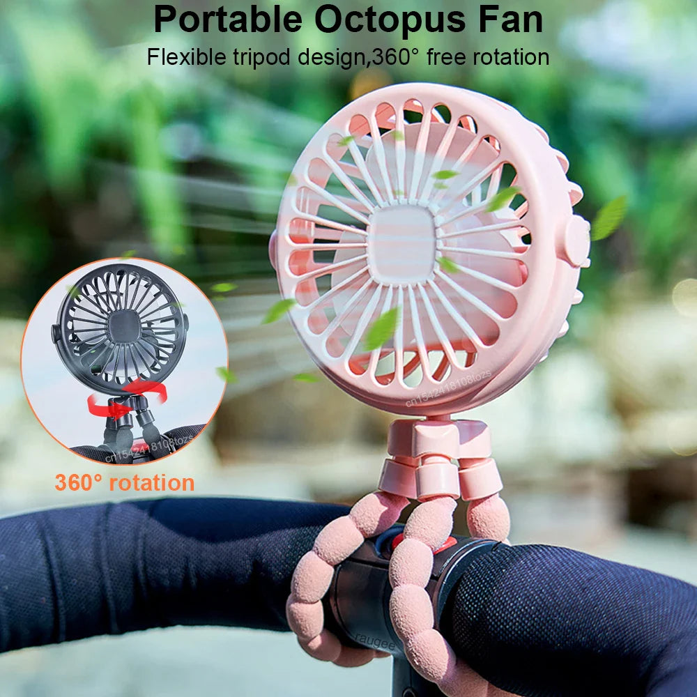 Octopus Fan Mini Flexible Tripod Cooler Fan Portable 360° Rotate Handheld Desk Fan for Stroller Bike Travel Winding Vertical Fan