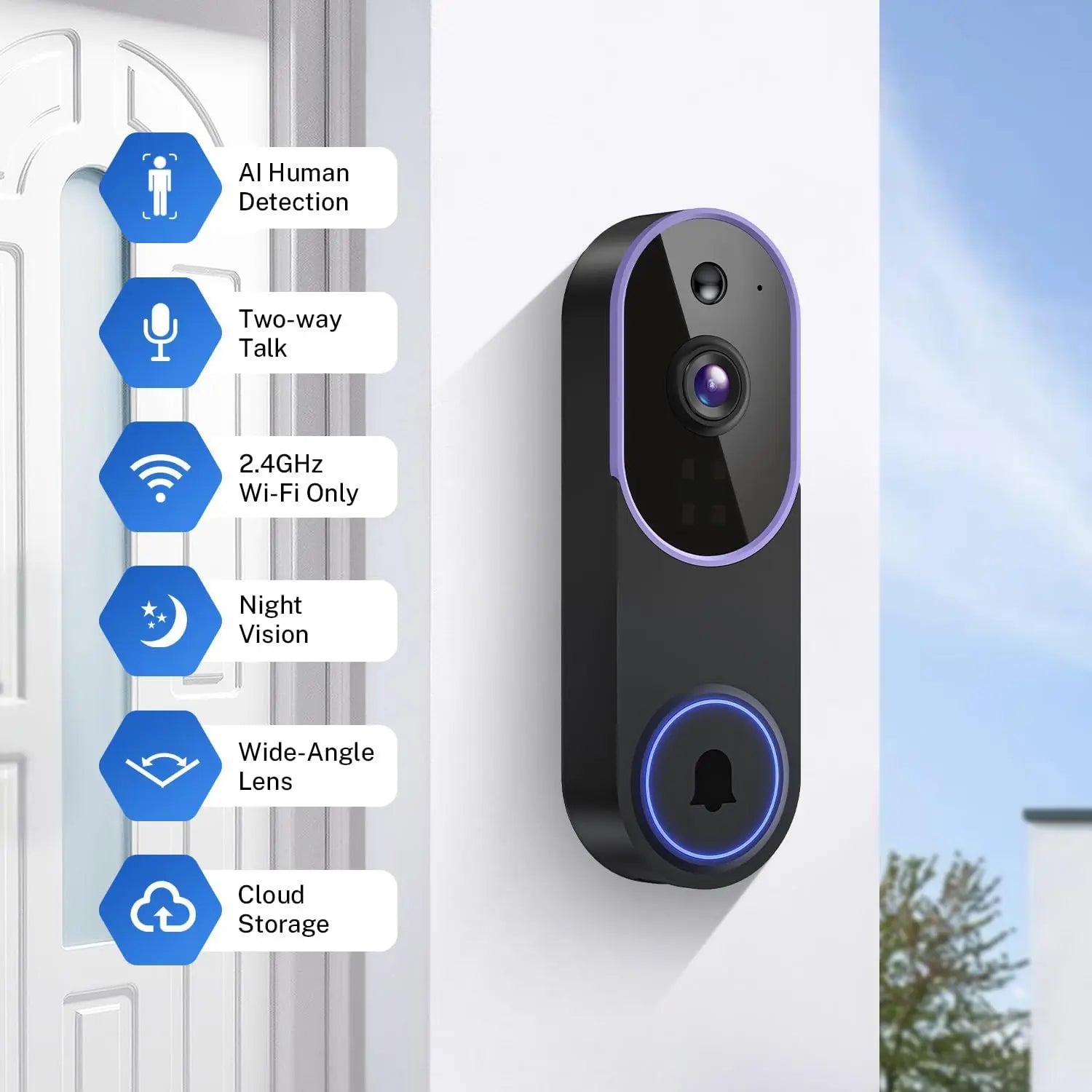 Smart Video Doorbell with AI Detection, 2-Way Audio, Night Vision, and Cloud Storage for Home Security