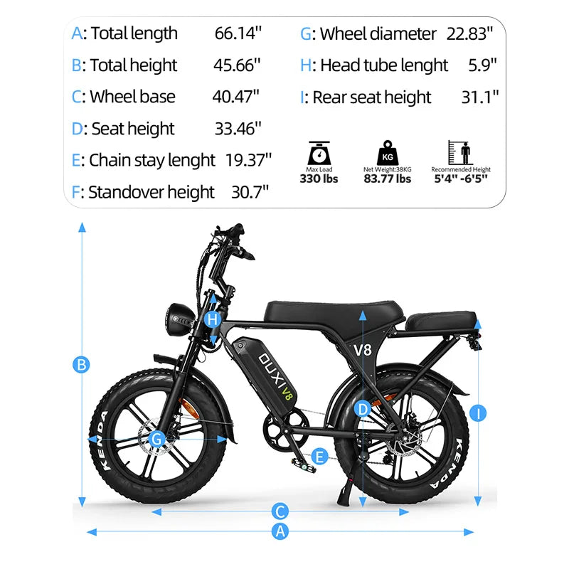OUXI V8 2-seater Electric Bike 750W 48V 15Ah Electric Bicycle 20'' Fat Tire Dirt Ebike with Hydraulic Brake for Mountain Riding